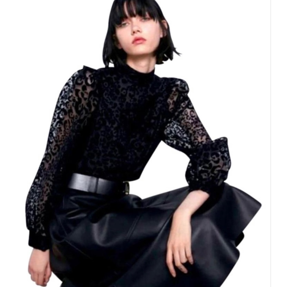 ZARA black sheer leopard blouse